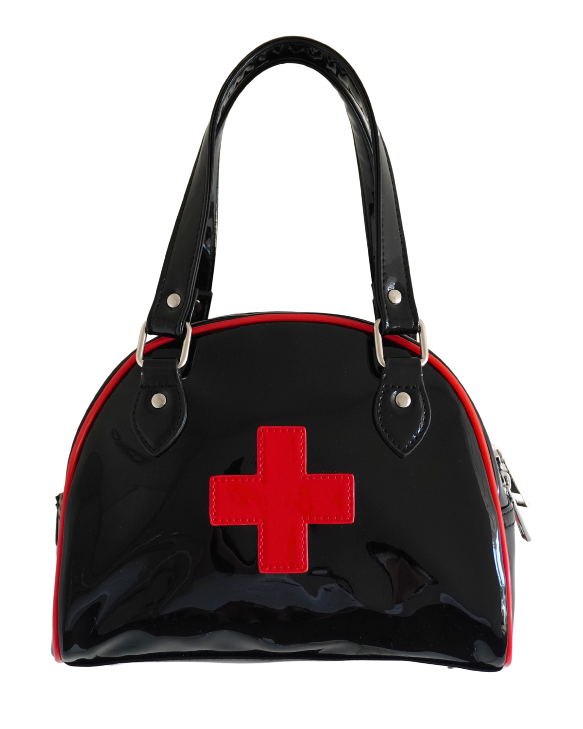 A glossy black patent leather handbag with a red cross on the front, red piping along the edges, and black shoulder straps with silver metal hardware, shown against a plain white background.